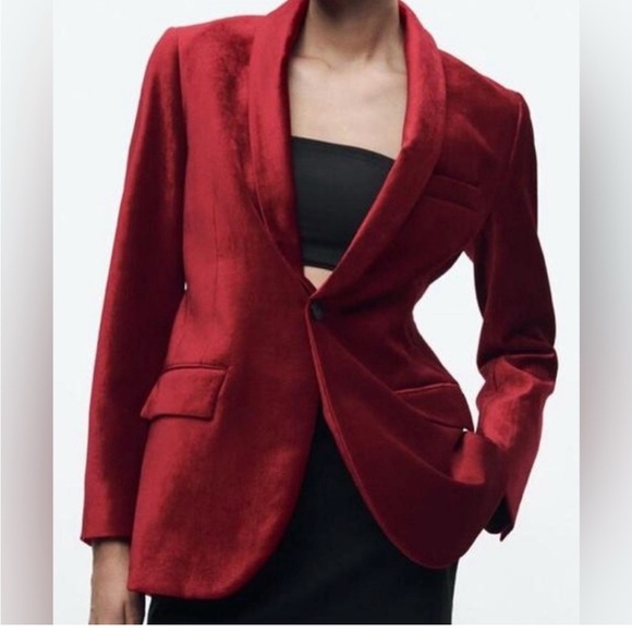 Zara Rich Cranberry Red Velvet Blazer - Picture 1 of 3